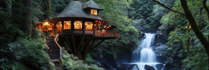 A treehouse nestled in the heart of an ancient forest, surrounded by towering trees and a cascading waterfall. The lush, green landscape is illuminated by warm lighting.