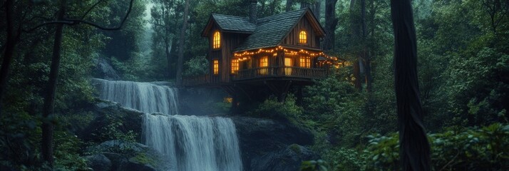 A treehouse nestled in the heart of an ancient forest, surrounded by towering trees and a cascading waterfall. The lush, green landscape is illuminated by warm lighting.