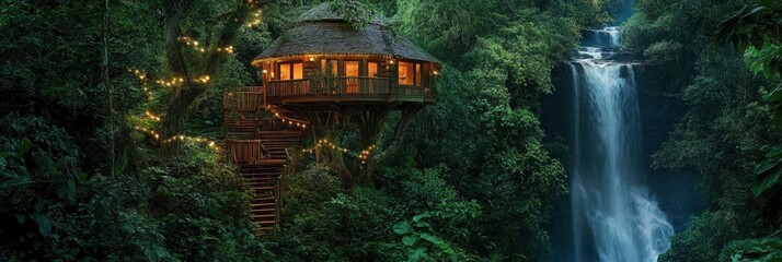 A treehouse nestled in the heart of an ancient forest, surrounded by towering trees and a cascading waterfall. The lush, green landscape is illuminated by warm lighting.