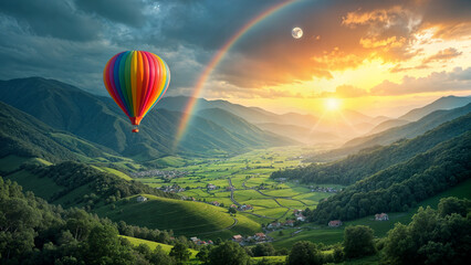 Naklejka premium Rainbow Balloon Over Terraced Fields