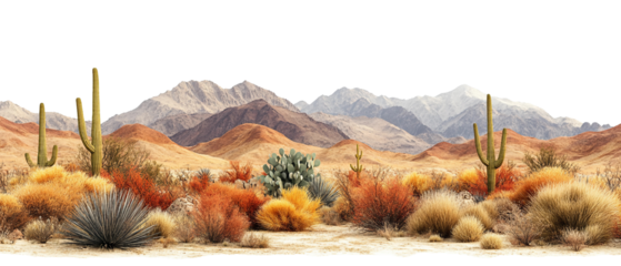 Desert cactuses with dry grass plants and mountains isolated on white background. Suitable for marketing or business purposes. Panoramic banner with place for text. PNG file