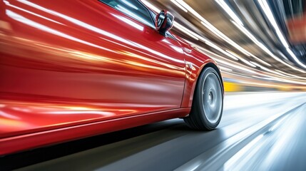 Fototapeta premium Dynamic Motion of a Red Sports Car on a Blurred City Road