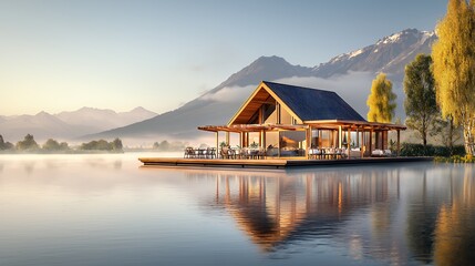 Fototapeta premium Serene Lakeside Cabin: Mountain View Getaway