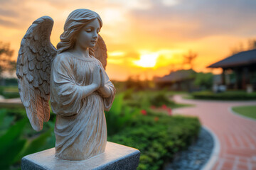 Serene Angel Statue at Sunset in a Peaceful Garden Setting with Warm Colors on Horizon