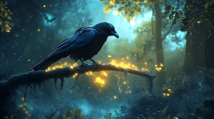 Fototapeta premium A wise crow spirit animal perched on a glowing branch in a magical forest