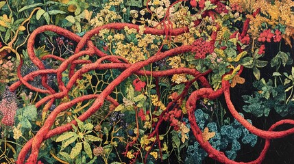 Red Vines Entwined Amidst Vibrant Floral Abundance