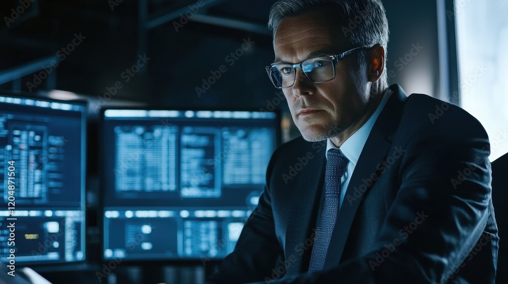 Poster focused businessman analyzing data on multiple computer screens
