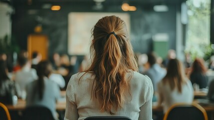 A woman with long hair sits facing a group, engaged in a presentation in a modern, plant-filled workspace.