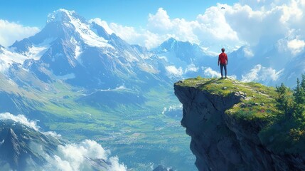 A lone figure stands on a cliff, overlooking a breathtaking mountainous landscape with vibrant skies and lush valleys.