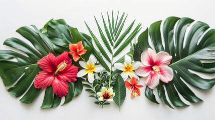 Vibrant tropical flowers and leaves arranged beautifully, showcasing summer essence. Perfect for seasonal decor or nature themed designs