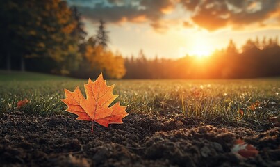 Fallen autumn leaf on dewy grass at sunset in a park