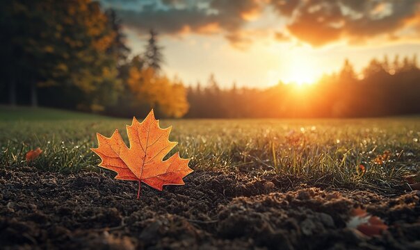 Fallen autumn leaf on dewy grass at sunset in a park - Powered by Adobe