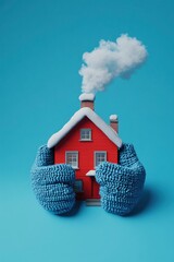 A red house with smoke coming out of the chimney is wrapped in knitted woolen cloth on blue background