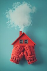 A red house with smoke coming out of the chimney is wrapped in knitted woolen cloth on blue background