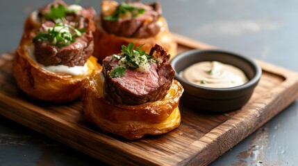Mini yorkshire puddings with roast beef on a wooden platter. 