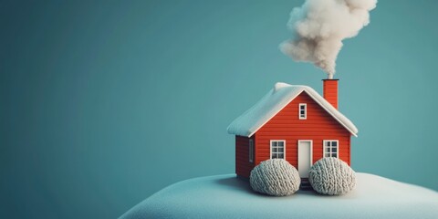 A red house with smoke coming out of the chimney is wrapped in knitted woolen cloth on blue background