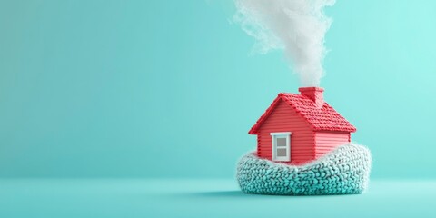 A red house with smoke coming out of the chimney is wrapped in knitted woolen cloth on blue background