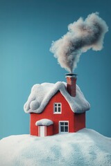 A red house with smoke coming out of the chimney is wrapped in knitted woolen cloth on blue background