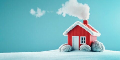 A red house with smoke coming out of the chimney is wrapped in knitted woolen cloth on blue background