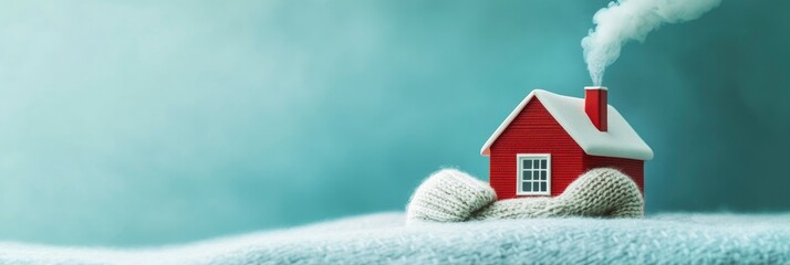 A red house with smoke coming out of the chimney is wrapped in knitted woolen cloth on blue background