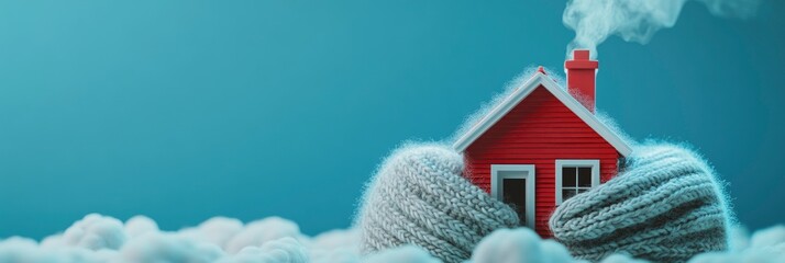 A red house with smoke coming out of the chimney is wrapped in knitted woolen cloth on blue background