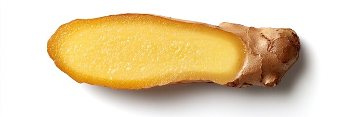 A piece of ginger root is sliced in half, revealing its yellow flesh