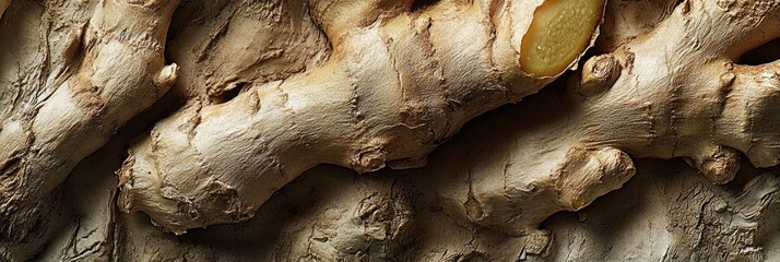 A close up of a piece of ginger root. The ginger root is covered in a thick layer of skin and has a few small bumps on it
