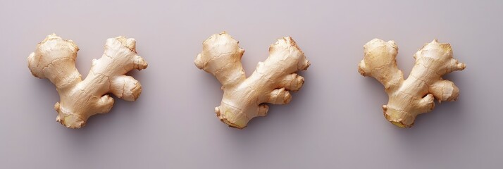 Three pieces of ginger root are shown in a row. The ginger is sliced and arranged in a way that creates a sense of depth and dimension. The image conveys a feeling of freshness and vitality
