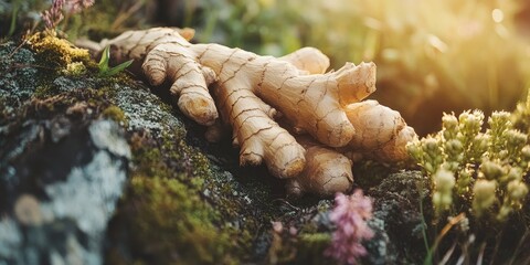 A bunch of ginger root is on a rock