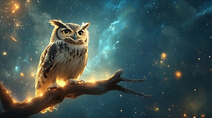 A wise owl spirit animal perched on a glowing branch under a starry sky