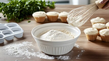 Fototapeta premium Baking ingredients with flour and muffins in a kitchen.