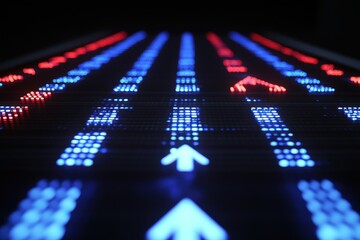 Digital Display Board Showcasing Stock Ticker Information with Colorful Lights and Graphics in a Modern Financial Environment