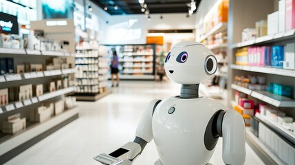 A robot providing customer service in a high-tech retail store with interactive kiosks and clean, organized shelves, Retail tech style