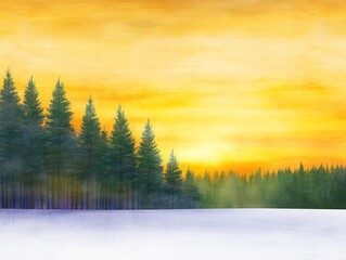 Obraz premium Serene winter sunset glows warmly over snow covered pines. AI Generated