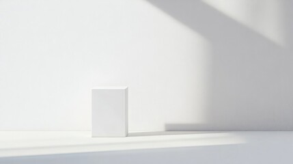 A minimalist background with a single product box on a clean white surface.