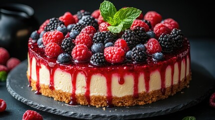 A cheesecake crowned with fresh berries and finished with a drizzle of raspberry sauce.