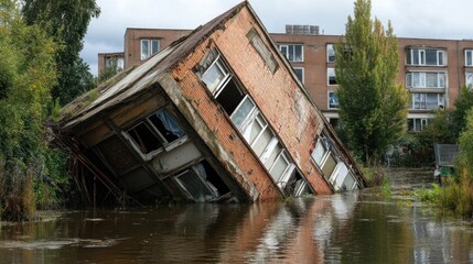 Tilted Building in Floodwaters: A Dramatic Scene of Urban Destruction