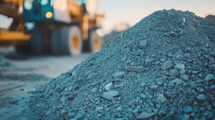 A pile of gravel and sand at a construction site with blurred heavy machinery in the background.