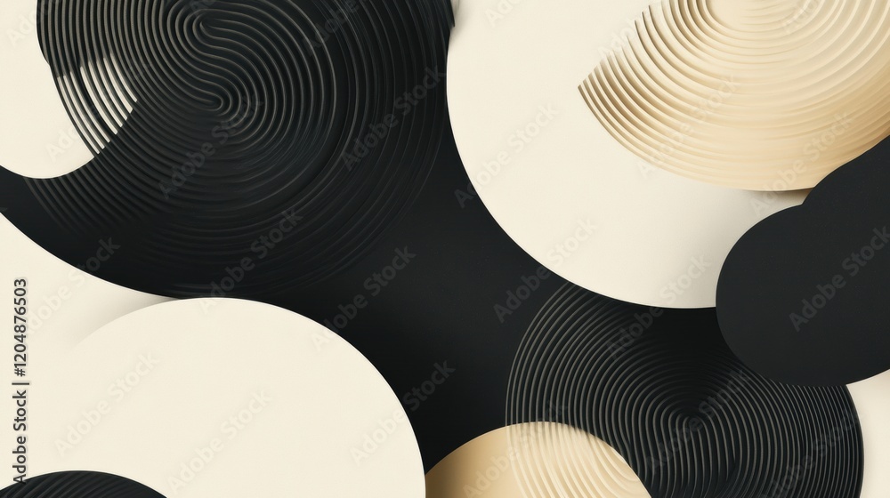 Poster artistic composition of spirals and circles in black and cream colors creating a dynamic pattern. ge