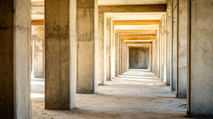 A row of concrete columns with rebar sticking out on an unfinished building structure.