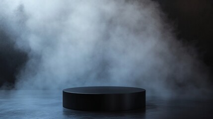 Mysterious Black Cylindrical Podium in Smoky Atmosphere