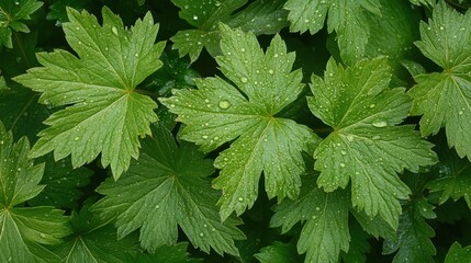 Vibrant green leaves with fresh dew drops, illuminated softly to emphasize their natural texture