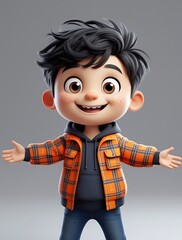 adorable smiling young boy in orange plaid jacket cheerful energy arms open warm friendly look stylish casual outfit trendy kids fashion modern child portrait happy vibe positive expression joyful spi
