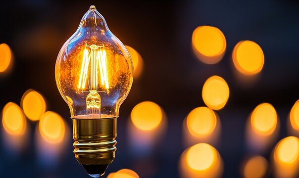 Glowing vintage light bulb against bokeh background, ideal for innovation or creativity concepts