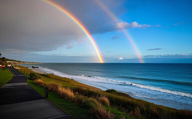 Rainbow over the ocean; colorful rainbow in the sky over the ocean by the beach; graphic resources; graphic elements