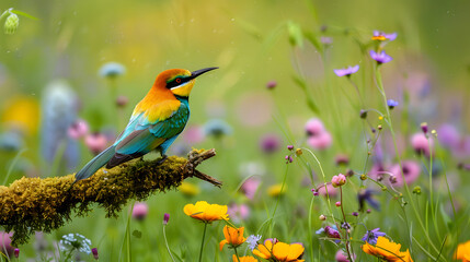 Fototapeta premium Peaceful Bee-Eater: Vibrant Green, Yellow, and Blue Plumage Against Tranquil Backdrop