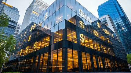 Glass Skyscraper Building with Dollar Sign Reflections