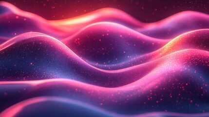 A vibrant, abstract landscape featuring smooth, undulating waves in shades of pink and blue, illuminated by subtle lighting and sparkling elements.