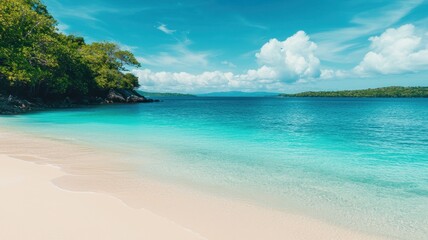 Fototapeta premium No people scenery focus concept. Tranquil beach scene with turquoise waters, white sand, and lush greenery under a bright blue sky.
