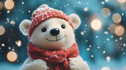 Adorable Polar Bear Wearing Winter Hat and Scarf